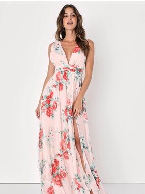 Lulu's Garden Meandering Blush Floral Maxi Dress with Red Floral Print